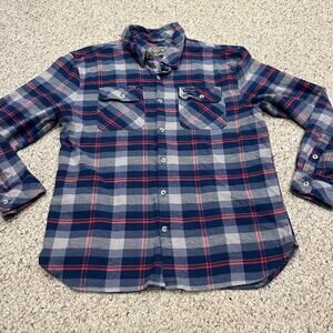 Burlebo Fire Side Flannel Shirt Mens Sz L Plaid Red Blue Gorpcore Hike Outdoor